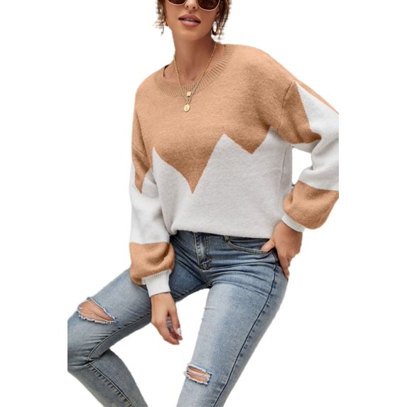 Drop Shoulder Color Block Sweater Beige Large