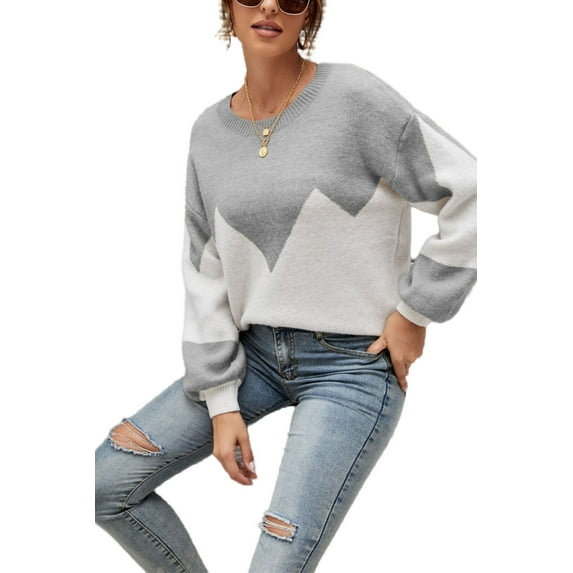 Drop Shoulder Color Block Sweater Gray Large