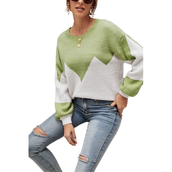 Drop Shoulder Color Block Sweater Green Large