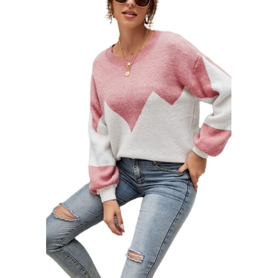 Drop Shoulder Color Block Sweater Pink Small