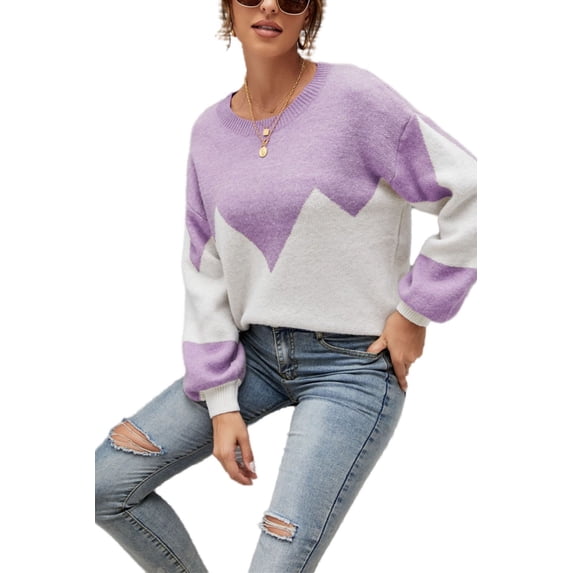 Drop Shoulder Color Block Sweater Purple Large
