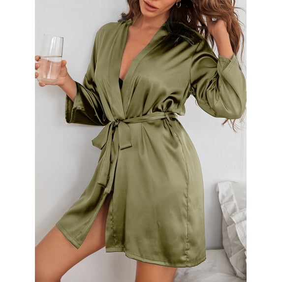Drop Shoulder Contrast Trim Belted Satin Sleep Robe