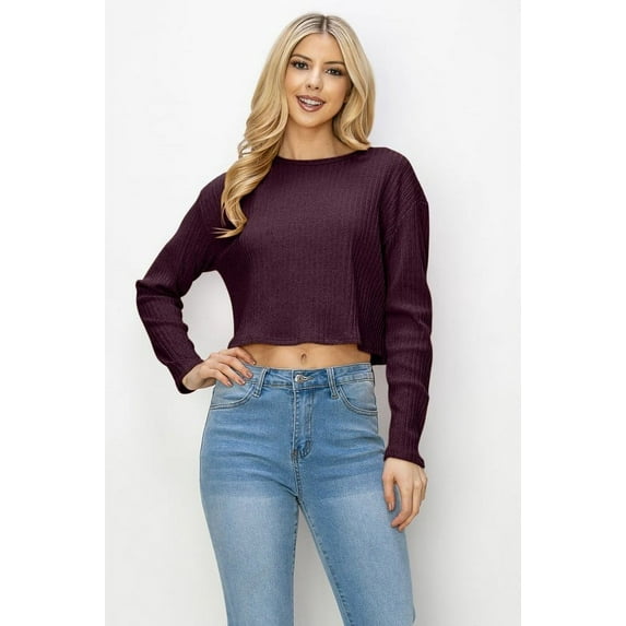 Drop Shoulder Crew Neck Cropped Sweater Rib-knit