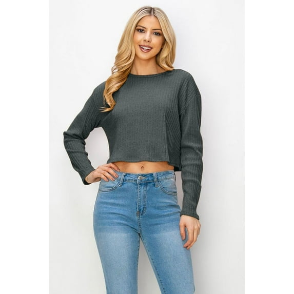 Drop Shoulder Crew Neck Cropped Sweater Rib-knit