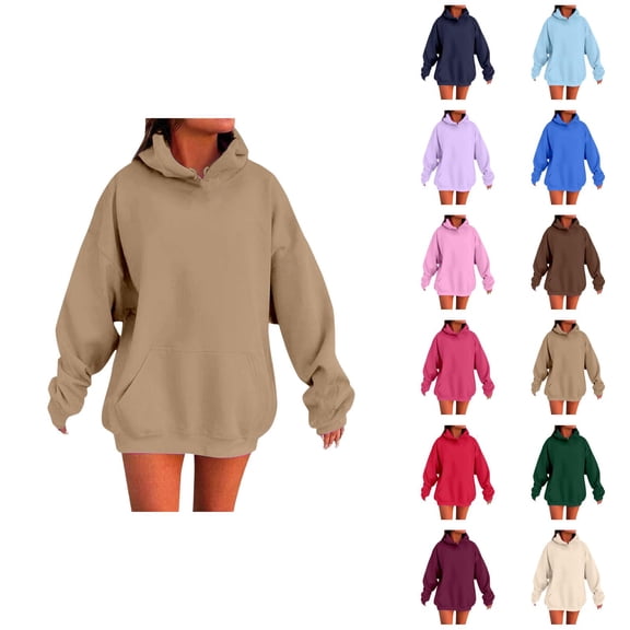 Drop Shoulder Hoodie Long Sleeve Solid Plain Hoodie Hooded Sweatshirt with Pockets Pullover Hoodies for Women