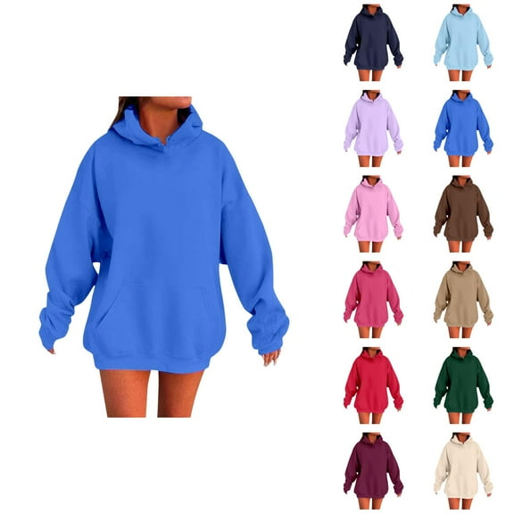 Drop Shoulder Hoodie Long Sleeve Solid Plain Hoodie Hooded Sweatshirt with Pockets Pullover Hoodies for Women