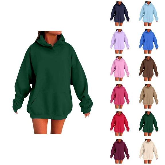 Drop Shoulder Hoodie Long Sleeve Solid Plain Hoodie Hooded Sweatshirt with Pockets Pullover Hoodies for Women