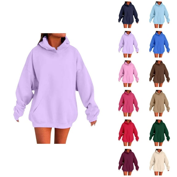 Drop Shoulder Hoodie Long Sleeve Solid Plain Hoodie Hooded Sweatshirt with Pockets Pullover Hoodies for Women