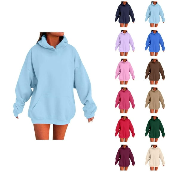 Drop Shoulder Hoodie Long Sleeve Solid Plain Hoodie Hooded Sweatshirt with Pockets Pullover Hoodies for Women