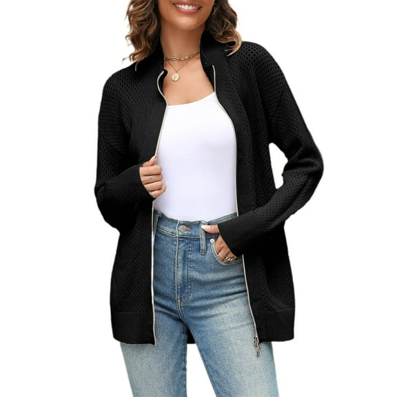 Drop Shoulder Long Sleeve Women's Turtleneck Zip Up Cardigan Sweaters Oversized Casual Solid Mesh Knit Jumper Tops