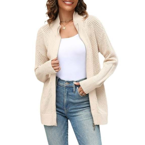 Drop Shoulder Long Sleeve Women's Turtleneck Zip Up Cardigan Sweaters Oversized Casual Solid Mesh Knit Jumper Tops