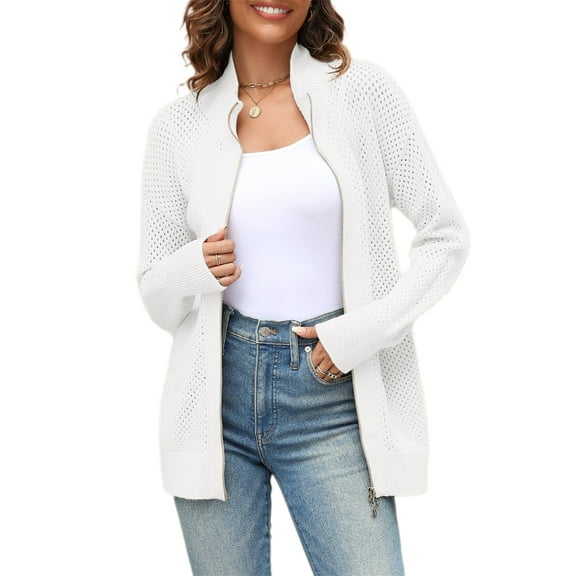 Drop Shoulder Long Sleeve Women's Turtleneck Zip Up Cardigan Sweaters Oversized Casual Solid Mesh Knit Jumper Tops