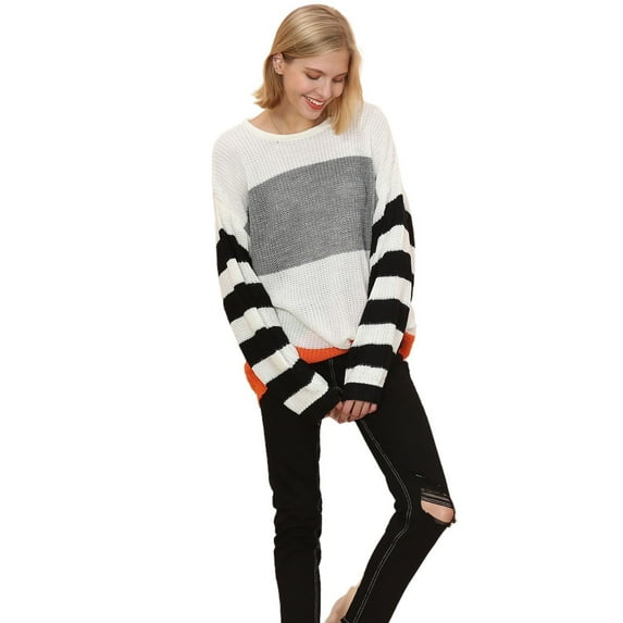 Drop Shoulder Striped Sweater White Large