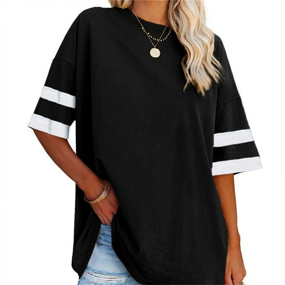 Drop Shoulder Women Stripe Sleeve Loose Casual Shirt Oversize Crewneck T-shirt