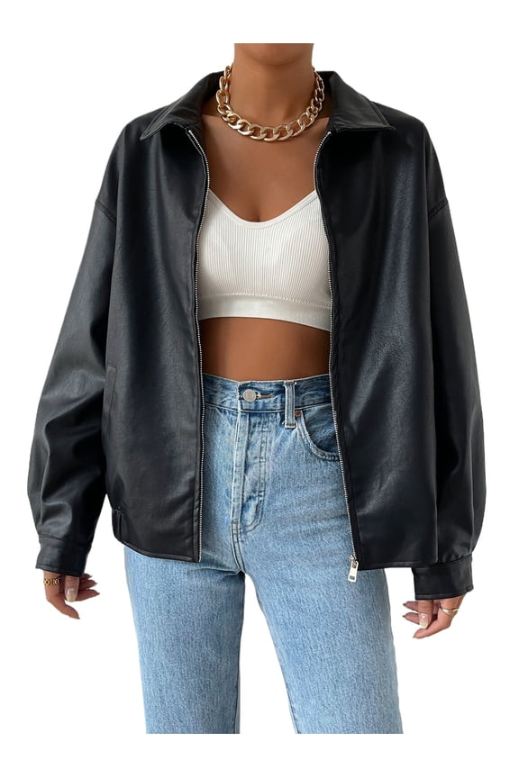 Drop Shoulder Zip Up PU Cropped Leather Jacket In Fall/Winter