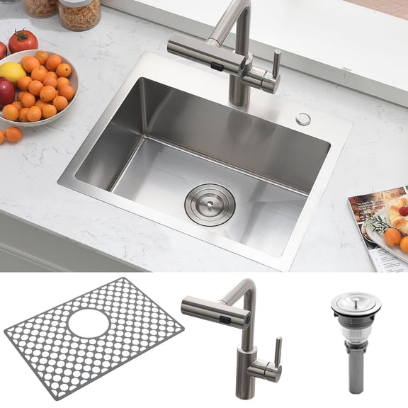 Drop In Stainless Steel Bar Sink, Single Bowl Wet Small Kitchen Sink with Pull Out Faucet and Silicone Mat, Handmade Utility Countertop Basin for Outdoor RV Apartment, Brushed Silver