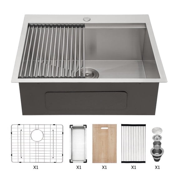 Drop-in Single Bowl Stainless Steel Kitchen Sink with Workstation