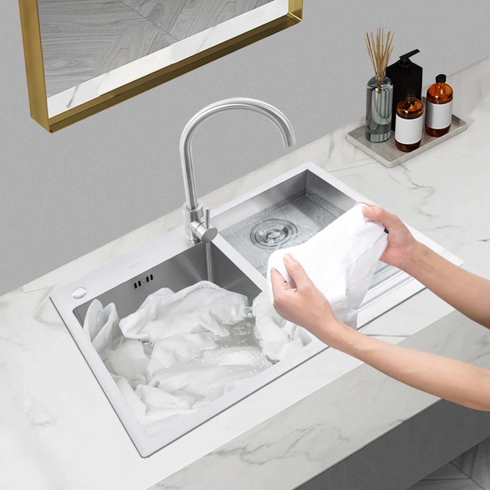 Drop-in Stainless Steel Double Bowl Kitchen, Bar and Laundry Utility Sink 70*48*22cm/ 27.56*18.9*8.66in