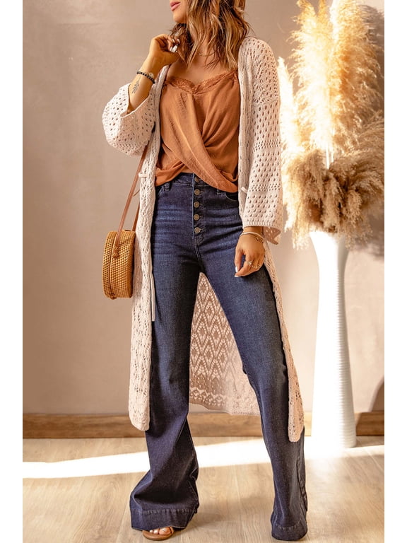 Dropped Shoulder Long Sleeve Crochet Duster Cardigan