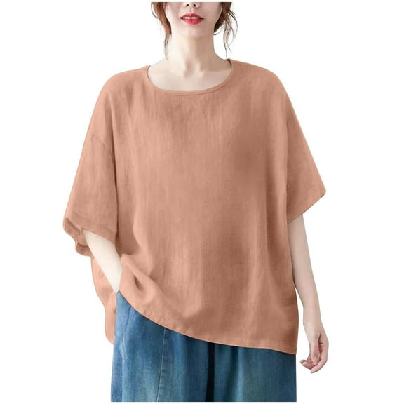 Dropped Shoulder Tee for Women Short Sleeve Round Neck Top, Solid Color Linen-Like Shirt Modern Casual Blouse with Side Slit Hem