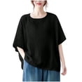 thumbnail image 1 of Dropped Shoulder Tee for Women Short Sleeve Round Neck Top, Solid Color Linen-Like Shirt Modern Casual Blouse with Side Slit Hem, 1 of 5