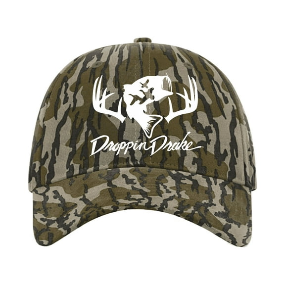 Droppin Drake Deer Hunting Fishing Ducks Casual Twill Camo Strapback-Bottomland, White Thread