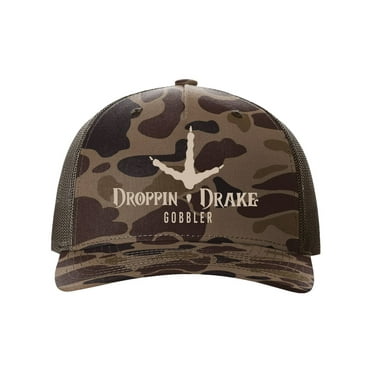 Droppin Drake Gobbler Turkey Track Embroidered Snapback Trucker Hat - Mesh Back Design, Bark Duck Camo/Brown