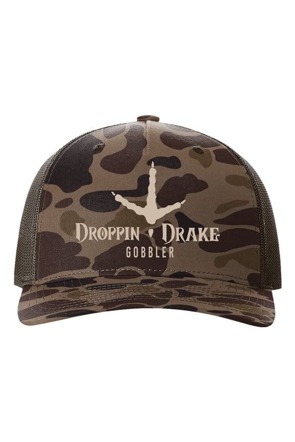 Gobbler Turkey Track Embroidered Snapback Trucker Hat - Mesh Back Design, Bark Duck Camo/Brown