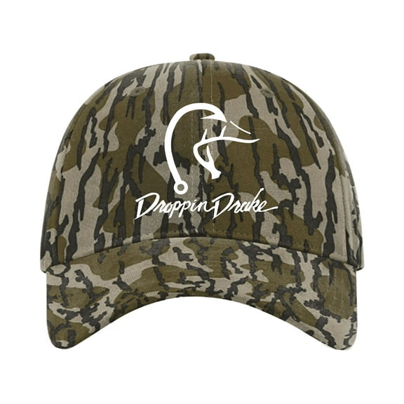 Droppin Drake Hunting Cap Duck Fishing Hook Embroidered Mens Casual Twill Camo Strapback-Bottomland, White Thread