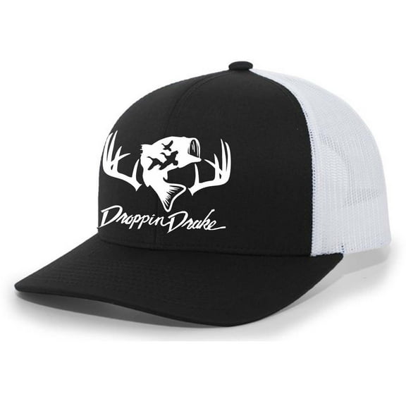 Droppin Drake Hunting Hat Deer Hunting Fishing Duck Hunting Mesh Back Embroidered Trucker Hat, Black/White