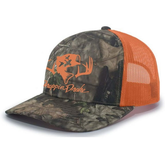 Droppin Drake Hunting Hat Deer Hunting Fishing Duck Hunting Mesh Back Embroidered Trucker Hat, Camo/Orange