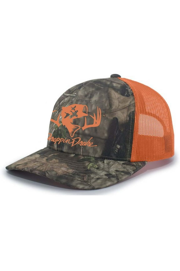 Hunting Hat Deer Hunting Fishing Duck Hunting Mesh Back Embroidered Trucker Hat, Camo/Orange