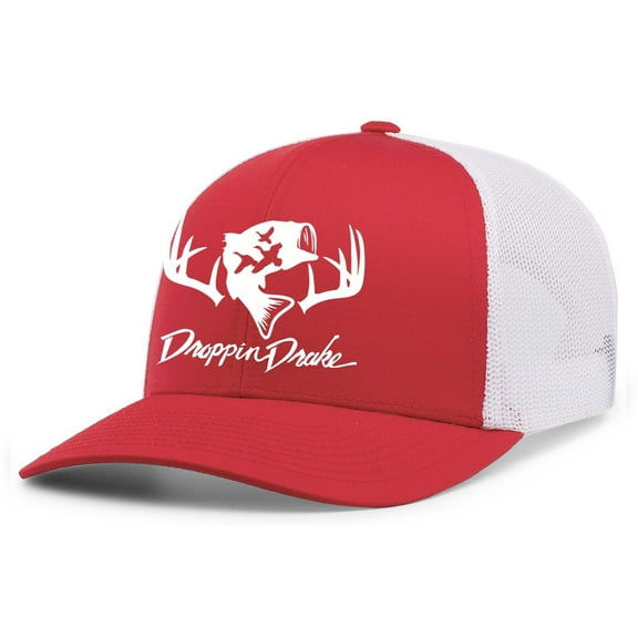 Droppin Drake Hunting Hat Deer Hunting Fishing Duck Hunting Mesh Back Embroidered Trucker Hat, Red/White