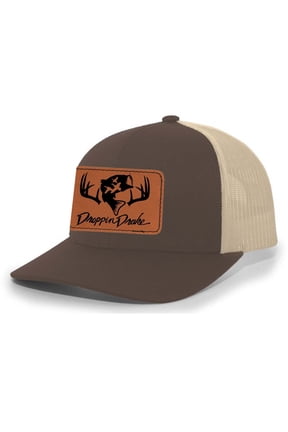 Hunting Hat Deer Hunting Fishing Duck Hunting Mesh Back Engraved Leather Patch Trucker Hat, Brown/Khaki