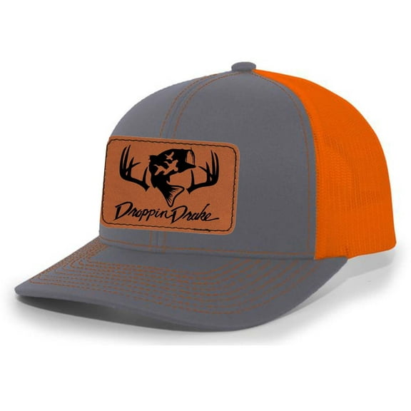 Droppin Drake Hunting Hat Deer Hunting Fishing Duck Hunting Mesh Back Engraved Leather Patch Trucker Hat, Charcoal/Neon Orange