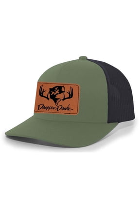 Hunting Hat Deer Hunting Fishing Duck Hunting Mesh Back Engraved Leather Patch Trucker Hat, Loden/Black