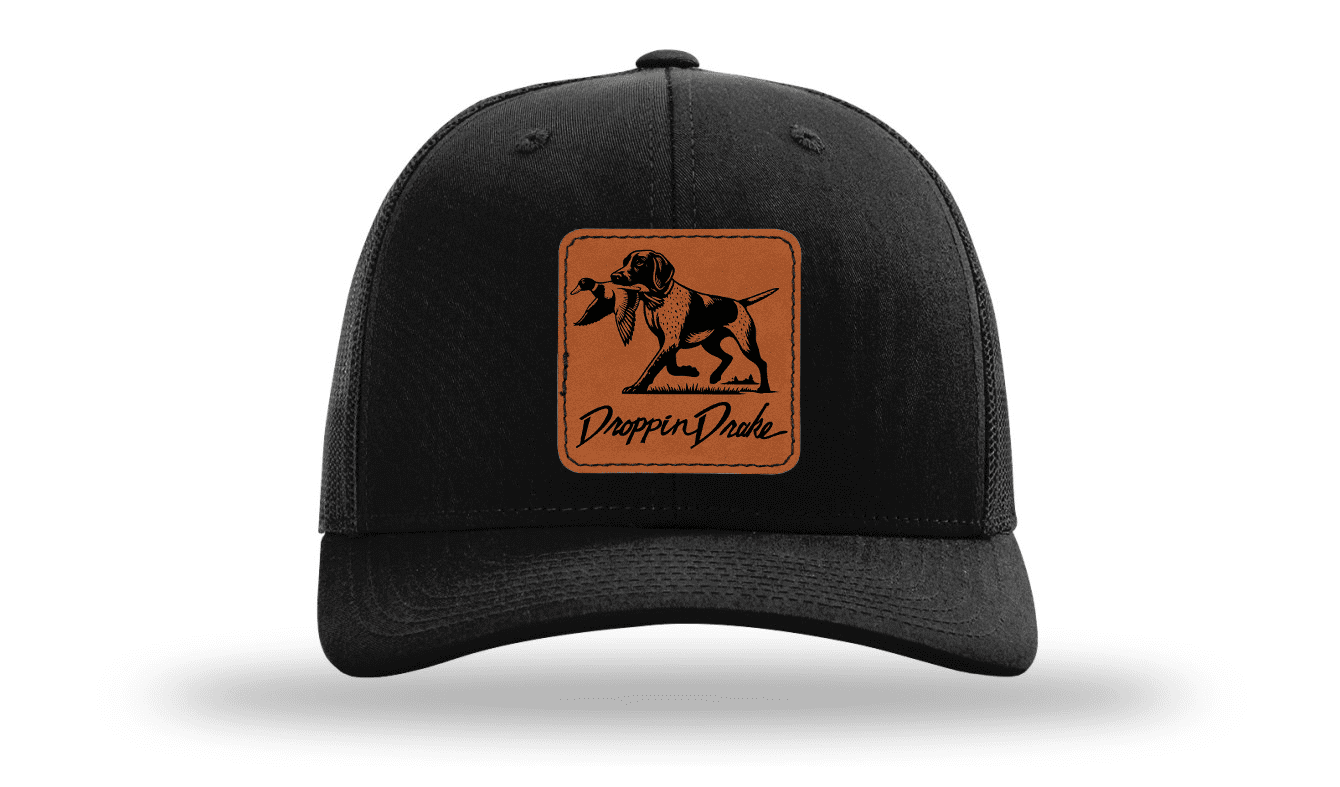 Droppin Drake Hunting Hat Duck Dog Duck Hunting Engraved Leather Patch Mens Mesh Back Trucker Hat, Black/Black