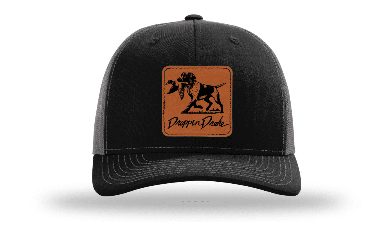 Droppin Drake Hunting Hat Duck Dog Duck Hunting Engraved Leather Patch Mens Mesh Back Trucker Hat, Black/Charcoal