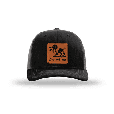 Droppin Drake Hunting Hat Duck Dog Duck Hunting Engraved Leather Patch Mens Mesh Back Trucker Hat, Black/Charcoal