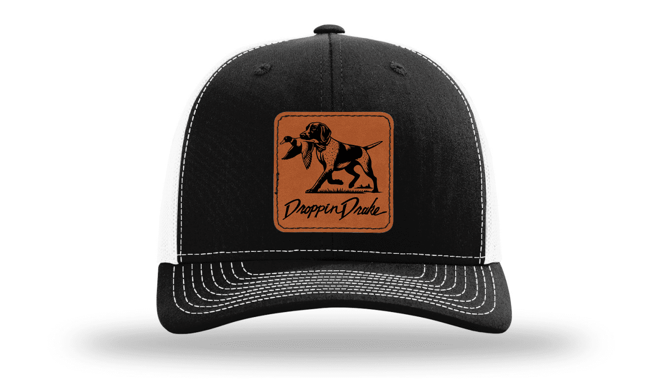Droppin Drake Hunting Hat Duck Dog Duck Hunting Engraved Leather Patch Mens Mesh Back Trucker Hat, Black/White