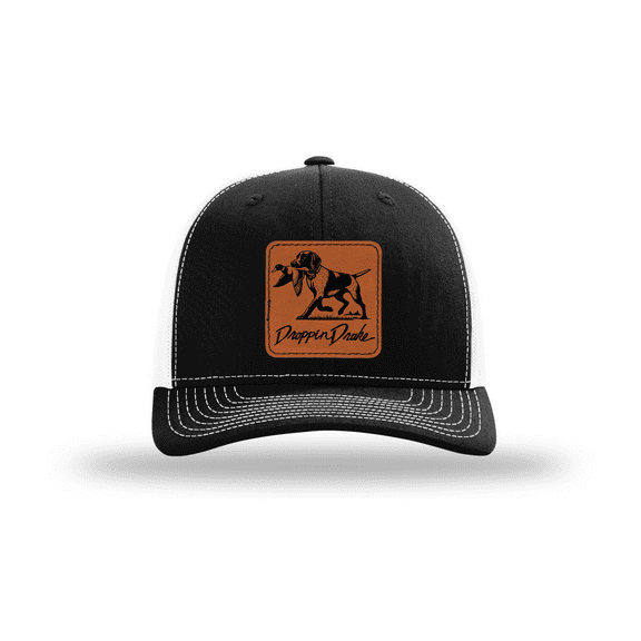 Droppin Drake Hunting Hat Duck Dog Duck Hunting Engraved Leather Patch Mens Mesh Back Trucker Hat, Black/White