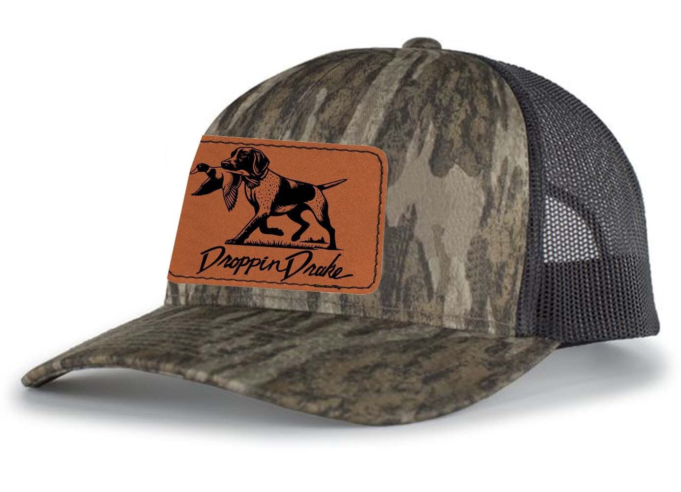 Droppin Drake Hunting Hat Duck Dog Duck Hunting Engraved Leather Patch Mens Mesh Back Trucker Hat, Bottomland Camo/Charcoal
