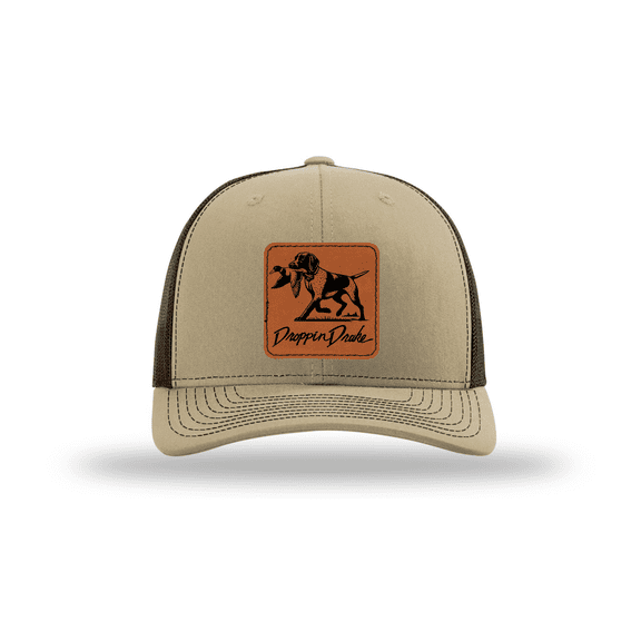 Droppin Drake Hunting Hat Duck Dog Duck Hunting Engraved Leather Patch Mens Mesh Back Trucker Hat, Khaki/Brown