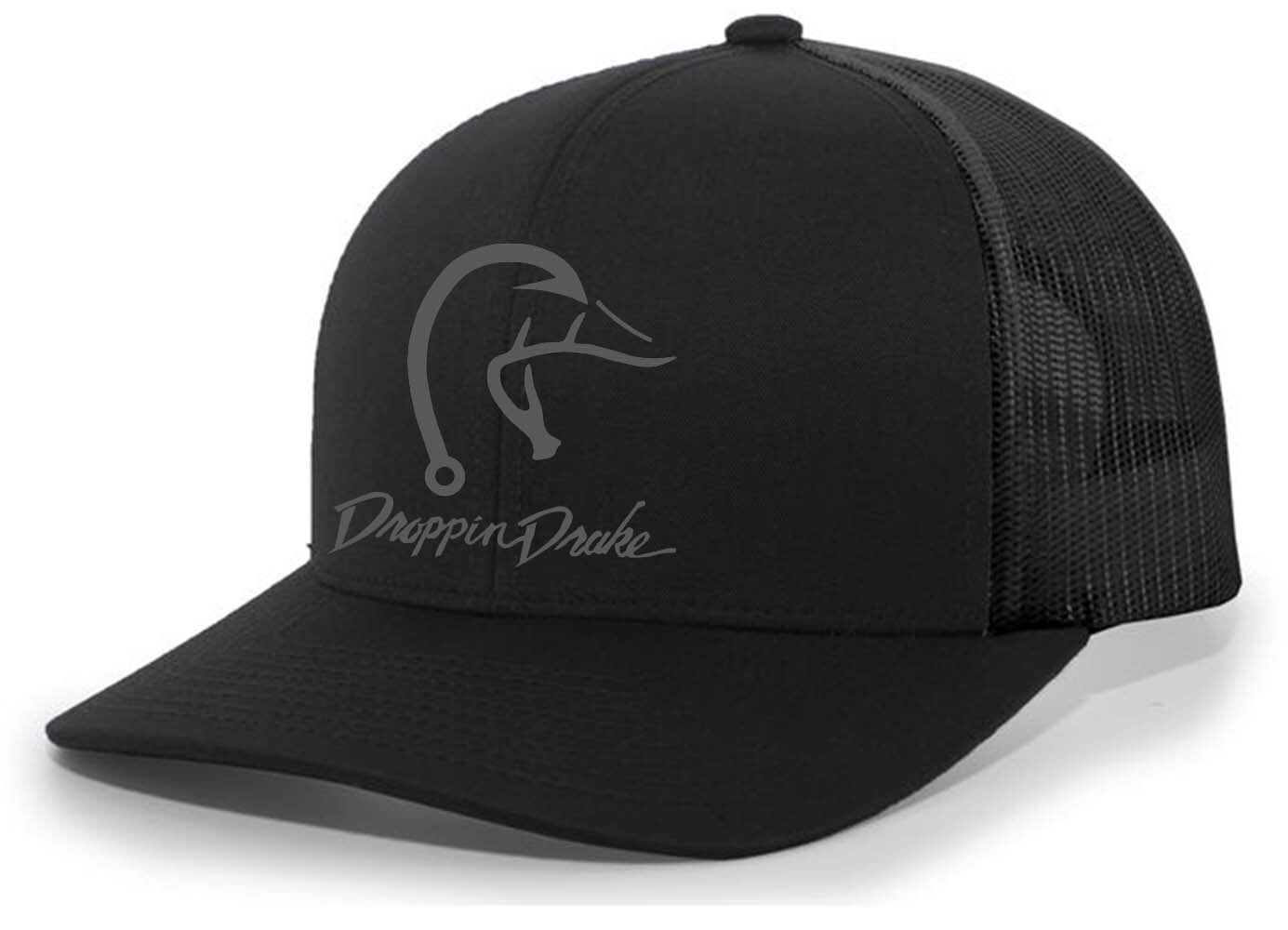 Droppin Drake Hunting Hat Duck Fishing Hook Embroidered Mens Mesh Back Trucker Hat, Black/Black