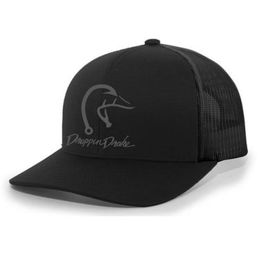 Droppin Drake Hunting Hat Duck Fishing Hook Embroidered Mens Mesh Back Trucker Hat, Black/Black