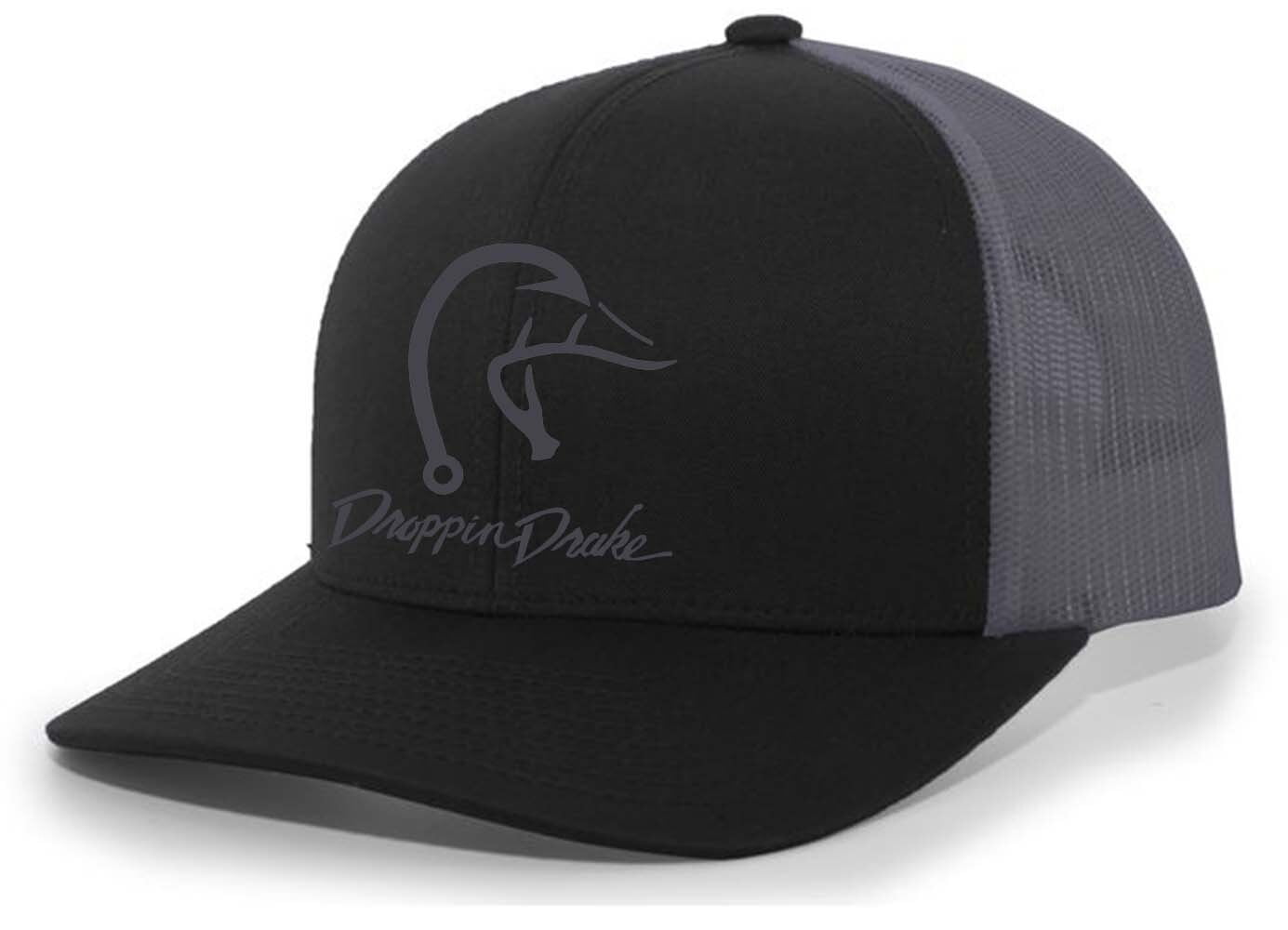 Droppin Drake Hunting Hat Duck Fishing Hook Embroidered Mens Mesh Back Trucker Hat, Black/Charcoal