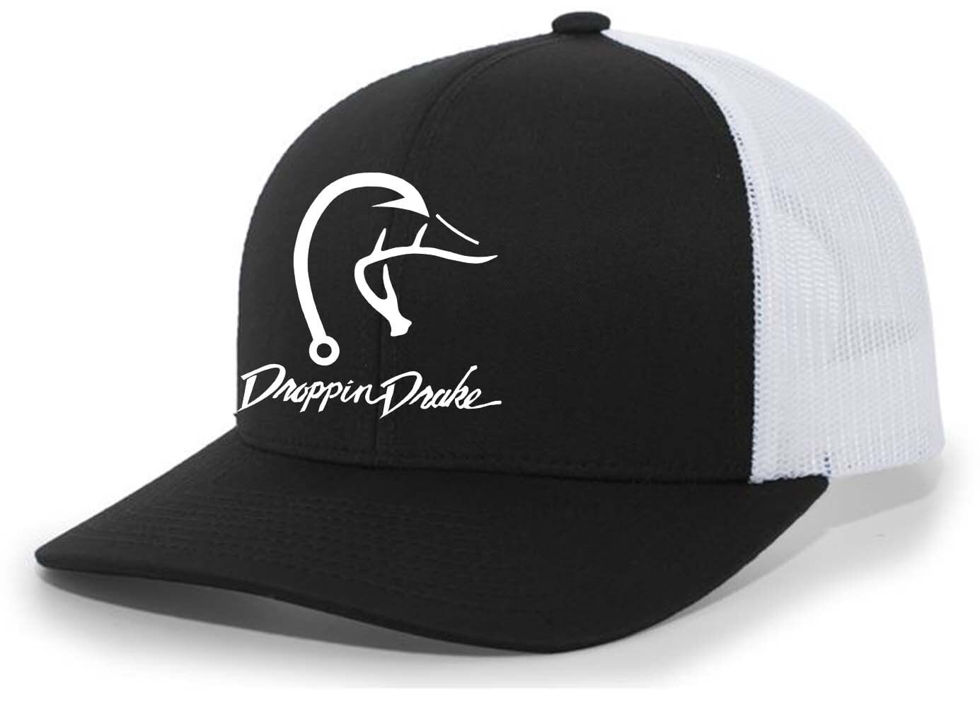Droppin Drake Hunting Hat Duck Fishing Hook Embroidered Mens Mesh Back Trucker Hat, Black/White