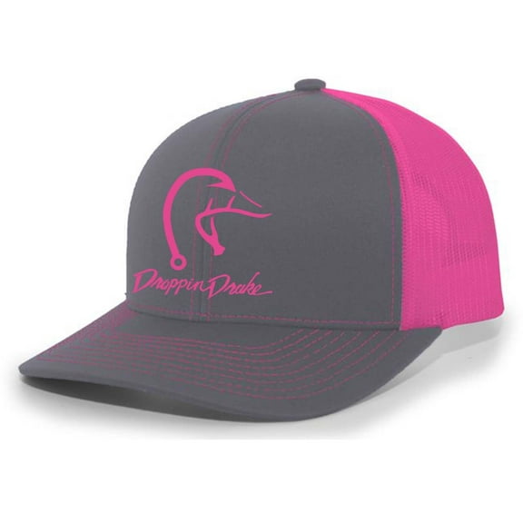 Droppin Drake Hunting Hat Duck Fishing Hook Embroidered Mens Mesh Back Trucker Hat, Charcoal/Neon Pink