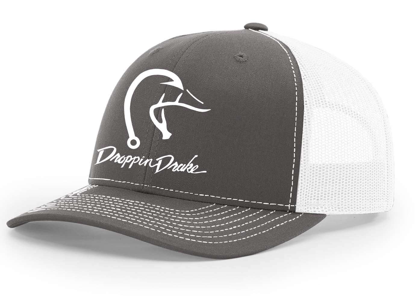 Droppin Drake Hunting Hat Duck Fishing Hook Embroidered Mens Mesh Back Trucker Hat, Charcoal/White