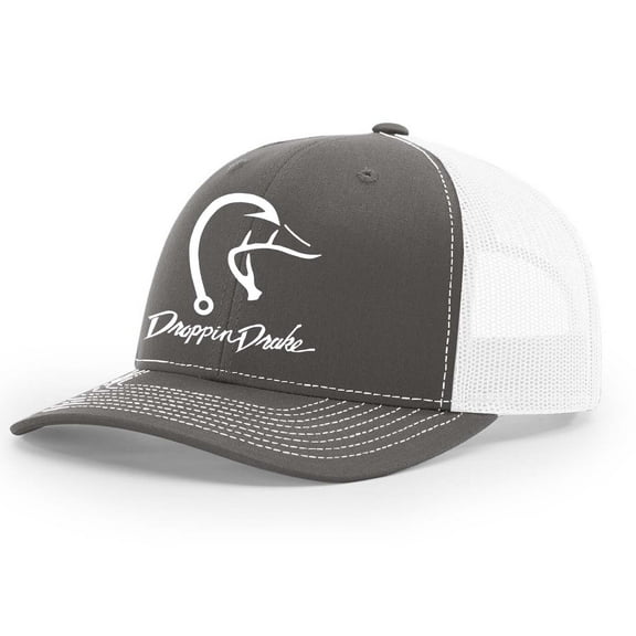 Droppin Drake Hunting Hat Duck Fishing Hook Embroidered Mens Mesh Back Trucker Hat, Charcoal/White